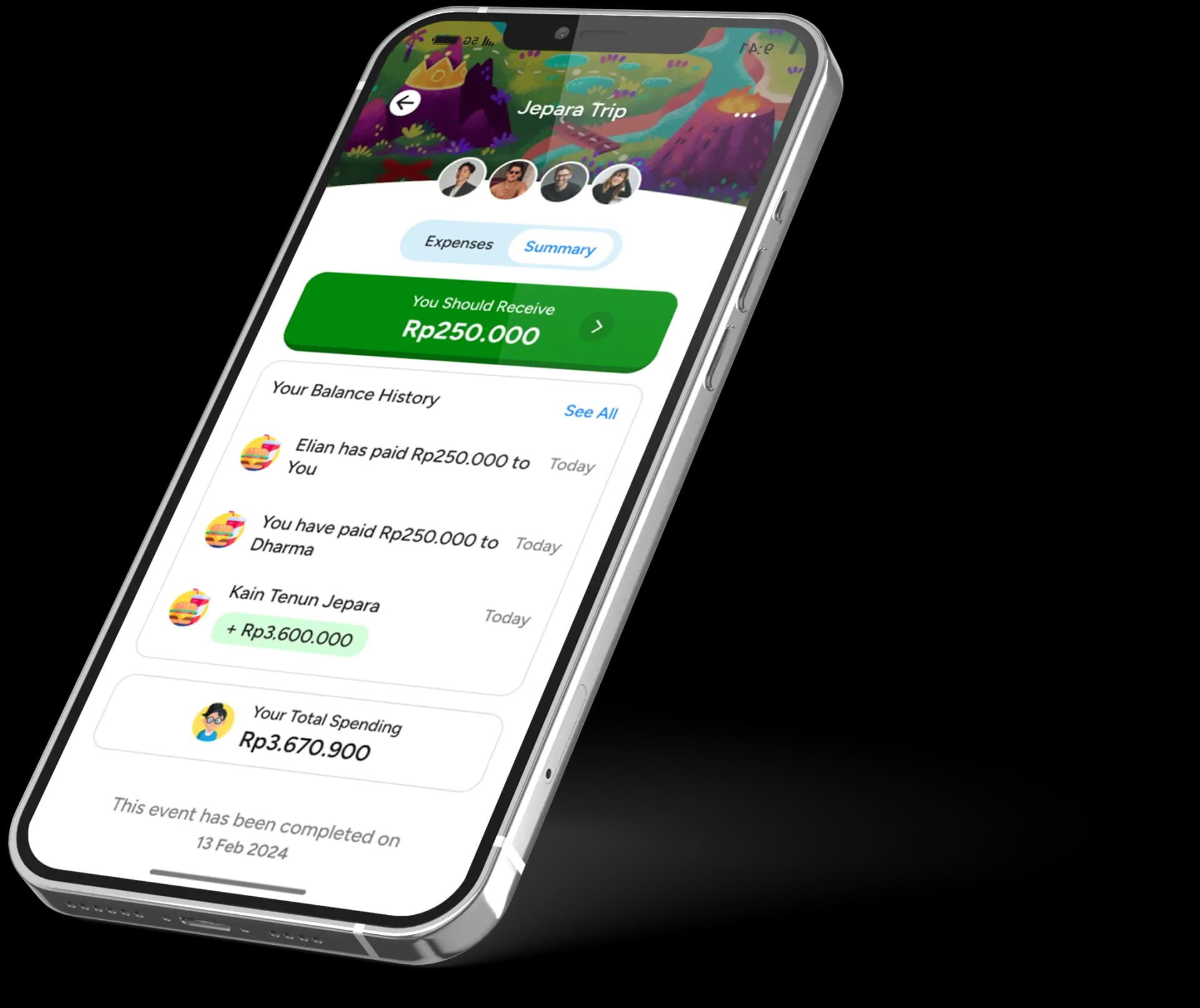 The Tabi app showing an event summary with balances in Rupiah